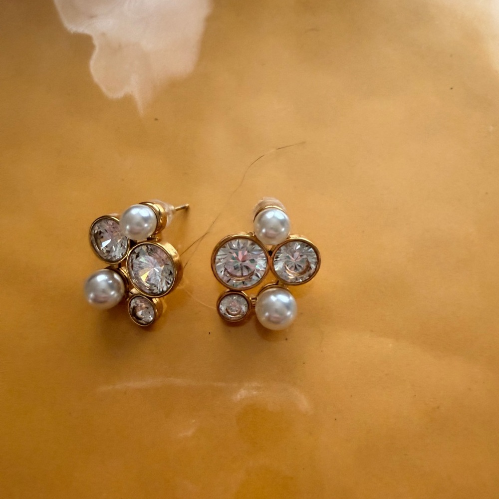Gold Pearl and Crystal Cluster Stud Earrings